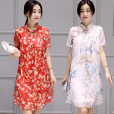 雪纺短袖连衣裙女夏季2016韩版中长款宽松显瘦碎花中长款印花长裙