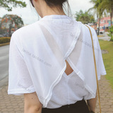 韩国代购同款夏休闲宽松露背白色短袖圆领t恤镂空透视雪纺上衣女