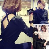 韩版春装新品性感后背镂空长袖女士衬衫翻领显瘦雪纺衬衣打底衫潮