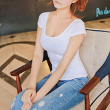 2016韩版纯色圆领短袖T恤显胸修身棉质打底衫百搭简约半袖上衣女