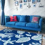 蓝色地中海客厅茶几地毯 欧式样板间地毯卧室床边长方形地毯定制