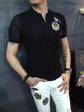 2016春夏新款韩版个性上衣薄透款刺绣鸟标潮男士短袖T恤针织开衫