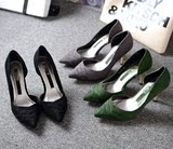 韩国单 2016春季 条纹金属跟细跟高跟鞋 绒面气质百搭侧空女单鞋