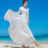 夏季气质女神仙女裙宫廷复古大摆长裙马尔代夫度假高腰修身沙滩裙