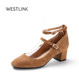 Westlink西遇2016秋季新款羊猄浅口圆头中跟方根玛丽珍女单鞋潮