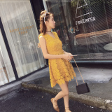 夏季新款2016韩版中长款V领无袖蕾丝勾花连衣裙高腰背心打底裙女