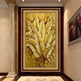 东南亚泰式手绘油画酒店玄关装饰画过道背景墙金箔芭蕉叶有框挂画