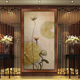 东南亚风格新中式玄关装饰画走廊竖版过道挂画纯手绘抽象油画荷花