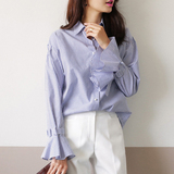 春季新款上衣2016韩版蓝白条纹纯棉衬衫喇叭袖宽松显瘦长袖衬衣女