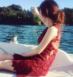 16春夏名媛气质甜美蕾丝收腰修身显瘦网纱露背连衣裙红色礼服短裙