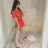 2016女装新款韩版甜美短袖蕾丝钩花连衣裙夏季高腰系带喇叭袖短裙