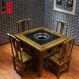 仿古老式实木大理石火锅桌燃气电磁炉正方形实木火锅桌椅组合套件