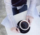 韩国东大门2016春装新款复古气质压褶喇叭袖光泽感透视衬衫上衣女