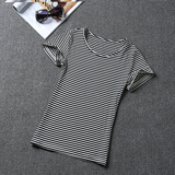 T恤女士2016夏装新款韩版修身显瘦甜美细条纹黑白圆领棉短袖潮