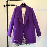 2016春季韩版紫色靓丽毛呢外套女中长款呢子大衣