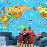 卡通世界中国地图无缝大型壁画地中海儿童房墙纸男孩卧室壁纸女孩