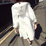 2016夏季新款韩版白色收腰宽松大码中长款连帽抽绳防晒外套风衣女