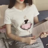 春夏季韩版甜美卡通学生修身百搭上衣圆领体恤纯棉白色t恤女短袖