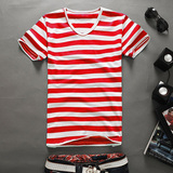 热销 韩版海军男修身t恤加肥加大码海魂衫男装红白条纹V领短袖T恤