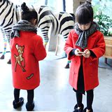 2016女童红色新年装春款开衫外套中小童宝宝韩版中长款呢子大衣