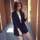 2016秋装新款韩版条纹西装领长袖外套+显瘦短裤时尚两件套装女潮