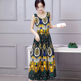 2016年夏季装新款韩版无袖长裙X型套头中腰通勤花色大摆型连衣裙