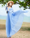 2016夏季韩版修身显瘦荷叶边露肩海边长款连衣裙中袖气质仙女长裙