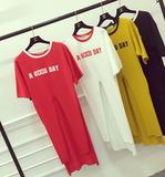 夏季新品韩版时尚字母印花中长款短袖T恤女高腰开叉上衣打底衫潮