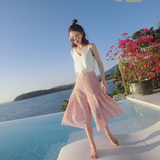 现货MOSS定制 2016夏季新款韩版蕾丝裙裤阔腿裤粉色裤子女AD61183