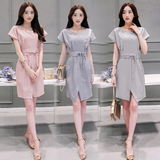 2016夏季新款韩版中长款修身显瘦棉麻连衣裙短袖气质OL收腰淑女裙