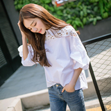 【天天特价】小清新露肩镂空白衬衫中袖韩版女大码灯笼袖衬衣上衣