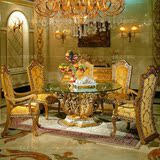 欧式实木餐桌法式雕花古典圆餐桌奢华金色餐台别墅家具6人饭桌