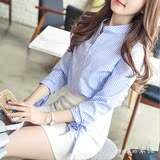 韩国夏季装立领半开蝴蝶结长袖衬衫浅蓝色条纹衫打底衫宽松上衣女