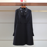 欧洲站2016秋季女装领口钉珠黑色气质优雅修身长袖连衣裙I6404501
