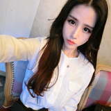2016新款韩国代购棉麻打底衫圆领长袖修身白色中袖白衬衫女士衬衣