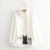 日系森林系206初春新款女装 可爱猫咪刺绣后镂空纯色七分袖衬衫