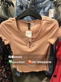 HM H＆M专柜正品代购 16夏裸粉色螺纹胸前系带修身短袖T恤上衣女