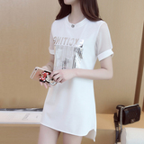 夏季韩国大码宽松短袖体恤显瘦打底衫学生中长款亮片t恤女连衣裙