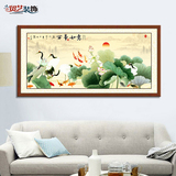 现代中式画荷花仙鹤图客厅沙发背景挂画带框玄关横幅装饰画办公室