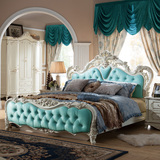 欧式床天蓝色真皮公主床 法式双人床1.8米结婚床实木真皮橡木大床