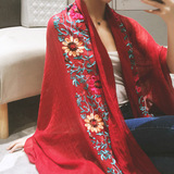 刺绣亚麻花朵尼泊尔旅游防晒空调披肩两用丝巾文艺民族风棉麻围巾