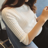 韩版秋冬半高领五分袖紧身针织打底衫纯色薄款中袖修身套头上衣女