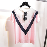 夏季东大门韩国代购休闲宽松V型针织冰丝粉色短袖t恤韩版上衣女