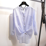 夏装新品2016韩版中长款宽松气质蓝白竖条纹V领衬衫外套女2073
