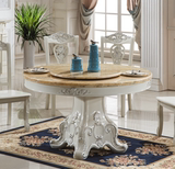 欧式圆桌大理石餐桌椅组合圆形白色实木雕花餐台大理石圆桌带转盘