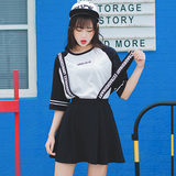 2016韩版学生短袖套装夏装新款女字母印花背带短裙半身裙