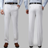 纯白色亚麻西裤男士夏季薄款中老年高腰宽松直筒商务休闲长裤免烫