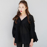 韩国代购mocobling 2016夏季新款甜美纯色简洁娃娃衬衫