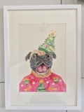 永不变色的纯手绘水彩装饰画 家居圣诞小巴哥狗~带实木外框实物图