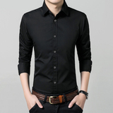 春秋季男士长袖衬衫韩版修身青少年商务休闲黑衬衫男装纯色衬衣潮
